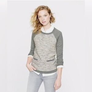 J. Crew Gray Ivory Merino Tweed Front Crewneck Sweater Size XS